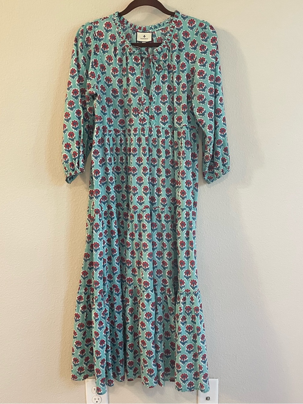TUCKERNUCK Floral Block Print Tie Neck Tiered Midi Dress Size Small
